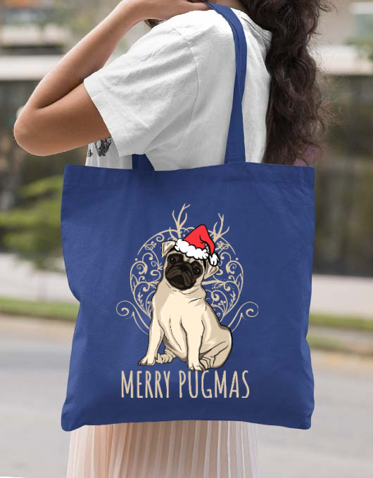 Sacosa din panza merry pugmas albastru regal