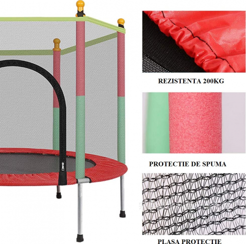 Trambulina copii pentru interior si exterior, 122x140cm, plasa de protectie, multicolora