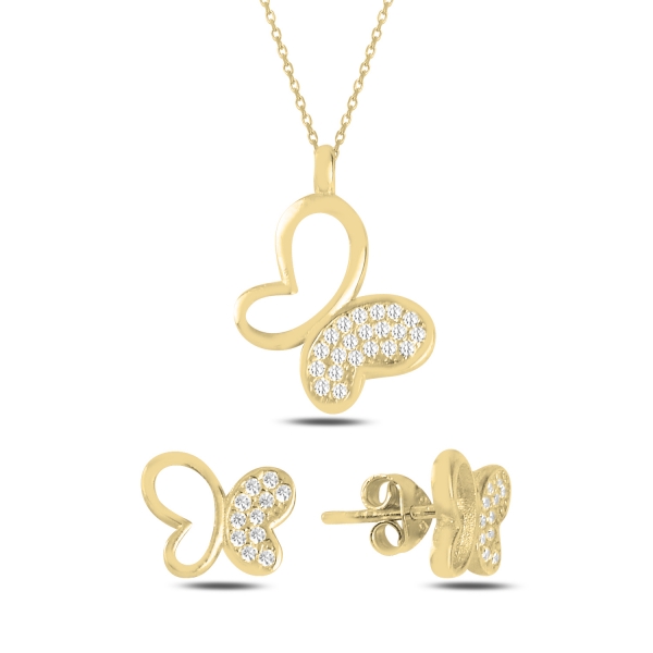 Set Argint 925 fluture pandant cu lant si cercei ,placati cu Aur 18 k