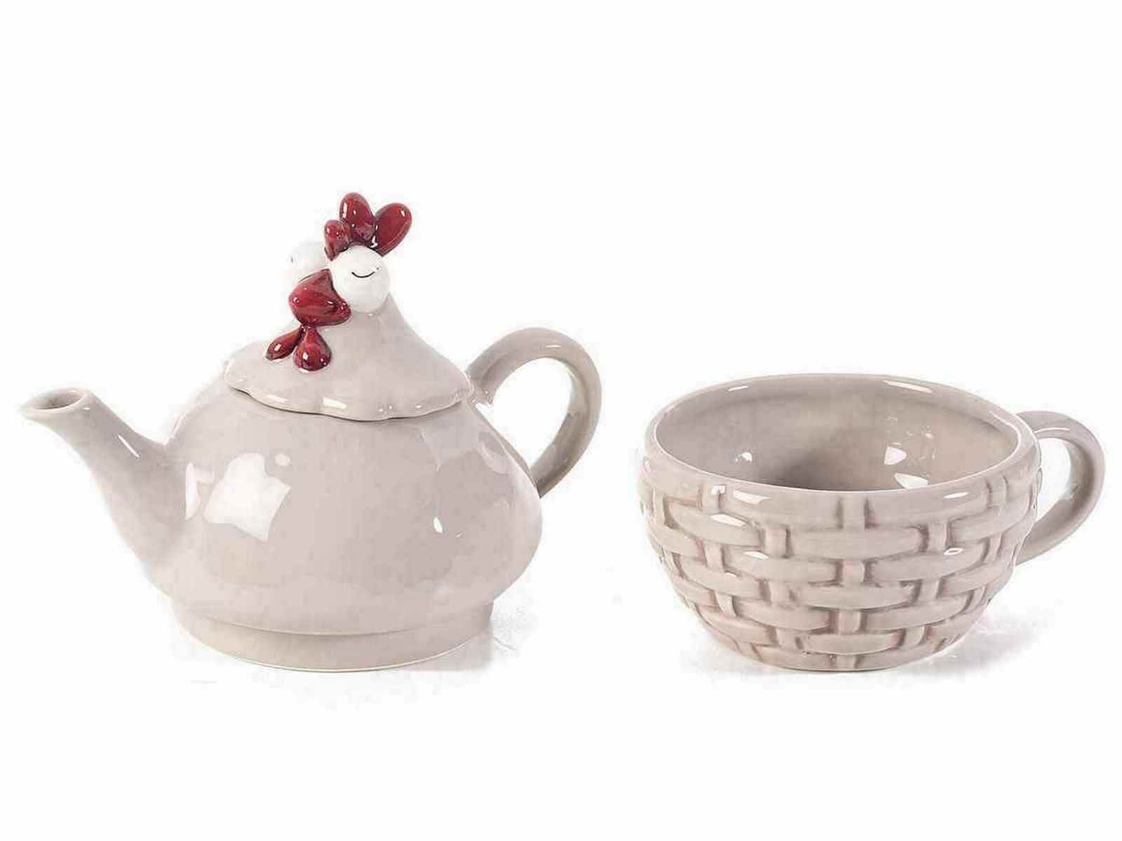 Set ceainic cu ceasca din ceramica bej model gaina 17x12x16 cm