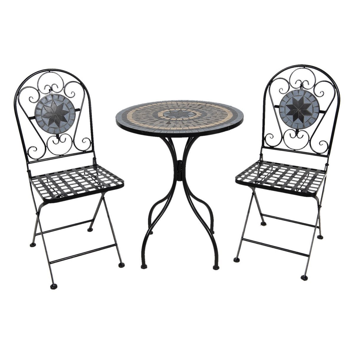 Set 2 scaune pliabile si masa fier forjat negru decorata cu mozaic Ø 60 cm x 72 h