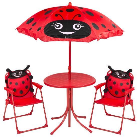 Set mobilier gradina/terasa pentru copii, pliabil, rosu, model buburuza, 1 masa cu umbrela, 2 scaune, melisenda