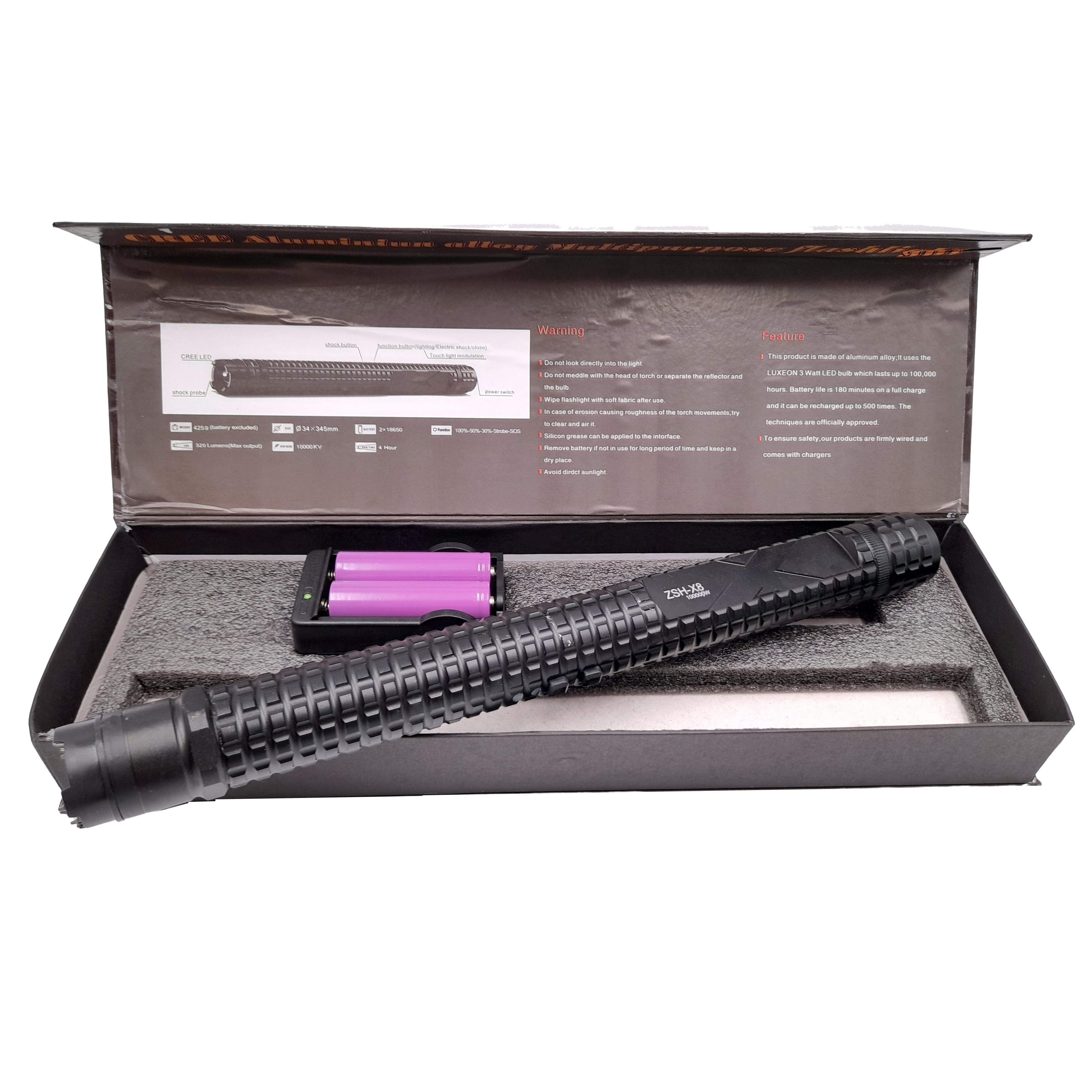 Baston electrosoc si lanterna ideallstore®, rowdy x8, metalic, 35 cm, negru, acumulator inclus