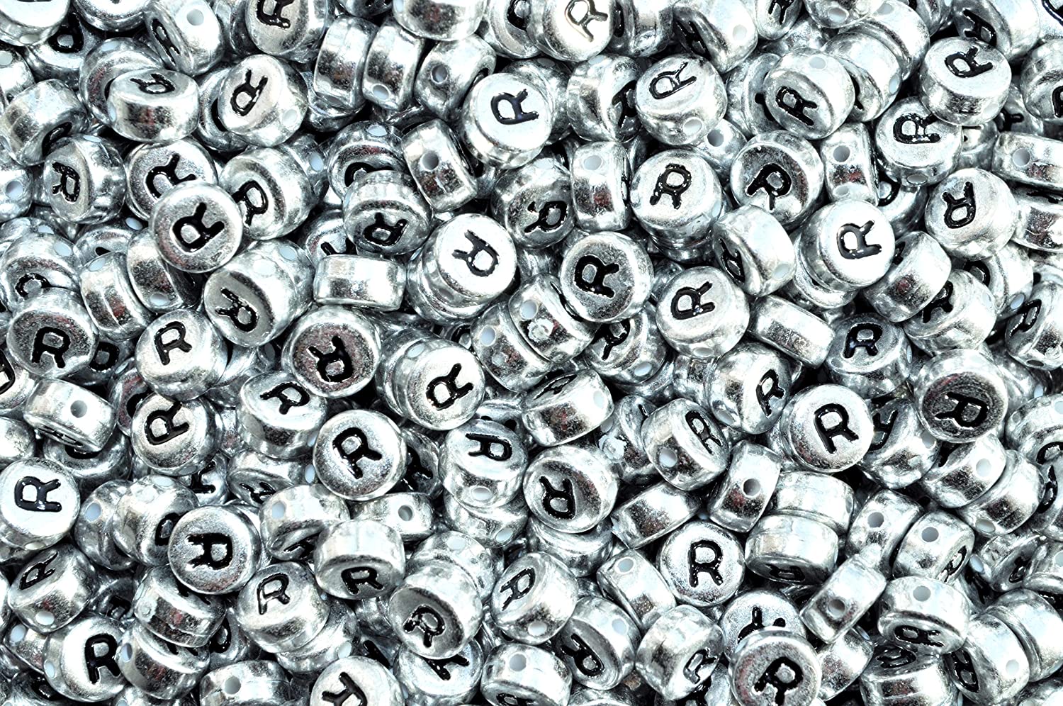 Margele acrlice cu litera R rotunde, 7 mm, Silver, 100 bucati, Vivo AK701