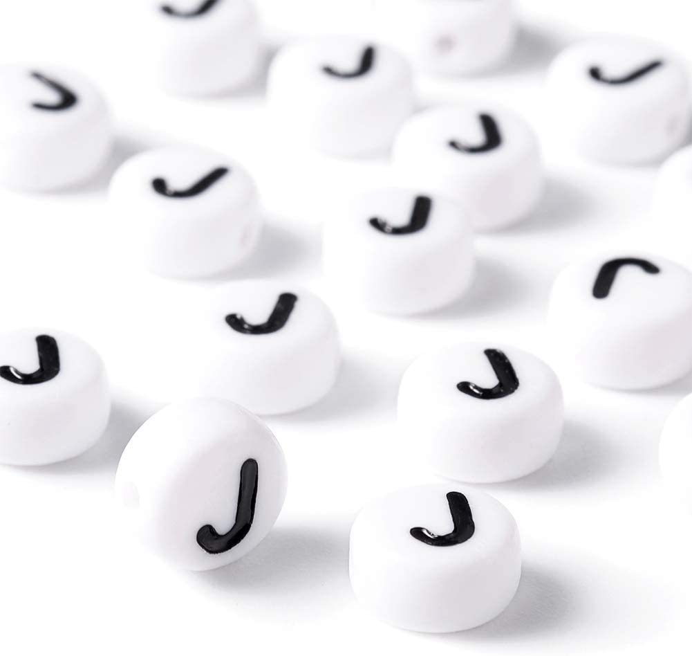 Margele acrlice cu litera J rotunde, 7 mm, White, 100 bucati, Vivo AK701