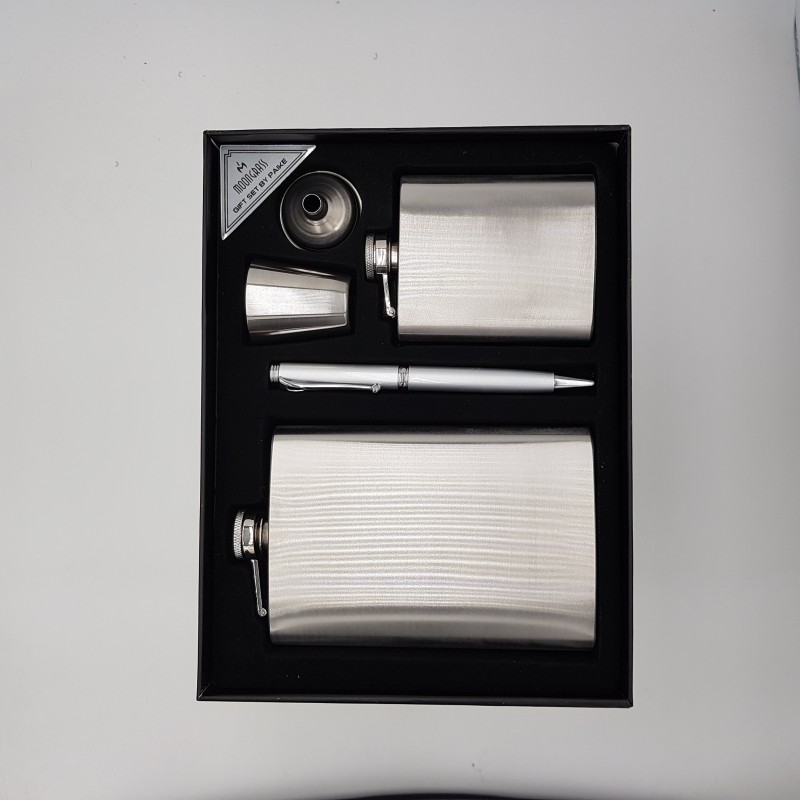 Set 2 sticle metal otel inoxidabil 9oz si 3oz pentru bauturi fine, pahar si pix