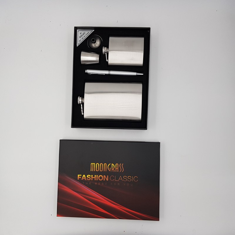 Set 2 sticle metal otel inoxidabil 9oz si 3oz pentru bauturi fine, pahar si pix