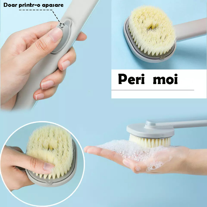 Perie de corp Alista Home cu recipient pentru sapun, pulverizator sapun, cap detasabil, 36 cm, gri