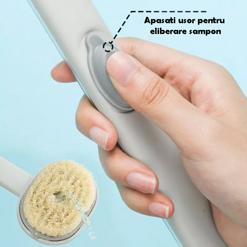 Perie de corp Alista Home cu recipient pentru sapun, pulverizator sapun, cap detasabil, 36 cm, roz