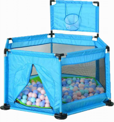 Tarc copii cu cos de baschet si 50 bile colorate Loc de joaca cu usa laterala Albastru Metal Protectii de plastic Interior - Exterior