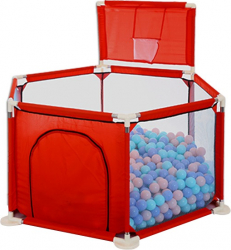 Tarc copii cu cos de baschet si 50 bile colorate Loc de joaca cu usa laterala Rosu Metal Protectii de plastic Interior - Exterior