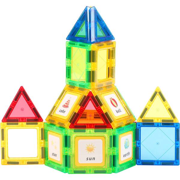 Set de Constructie Magnetic Tiles 3D, jucarii educationale, Elemente Magnetice, diferite variante de asamblare, Cadou baieti si fete, 38 Piese, Multicolor, 3 ani