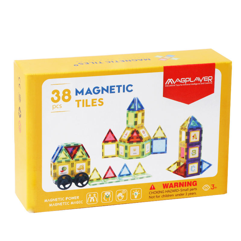 Set de Constructie Magnetic Tiles 3D, jucarii educationale, Elemente Magnetice, diferite variante de asamblare, Cadou baieti si fete, 38 Piese, Multicolor, 3 ani