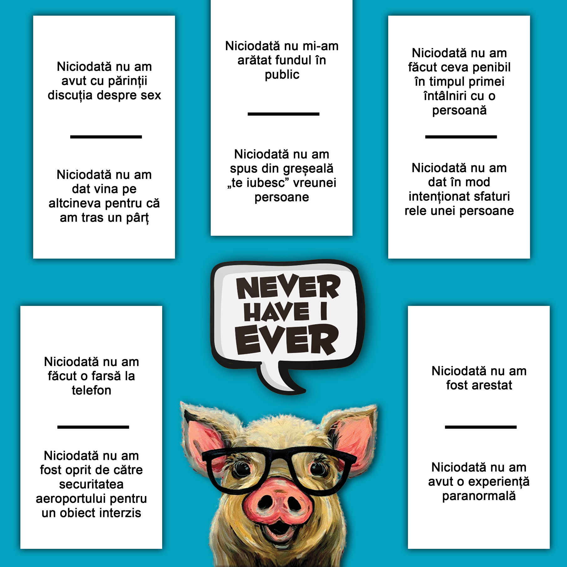 Never Have I Ever carti de joc pentru petreceri - 600 intrebari limba romana pentru 2-20 jucatori