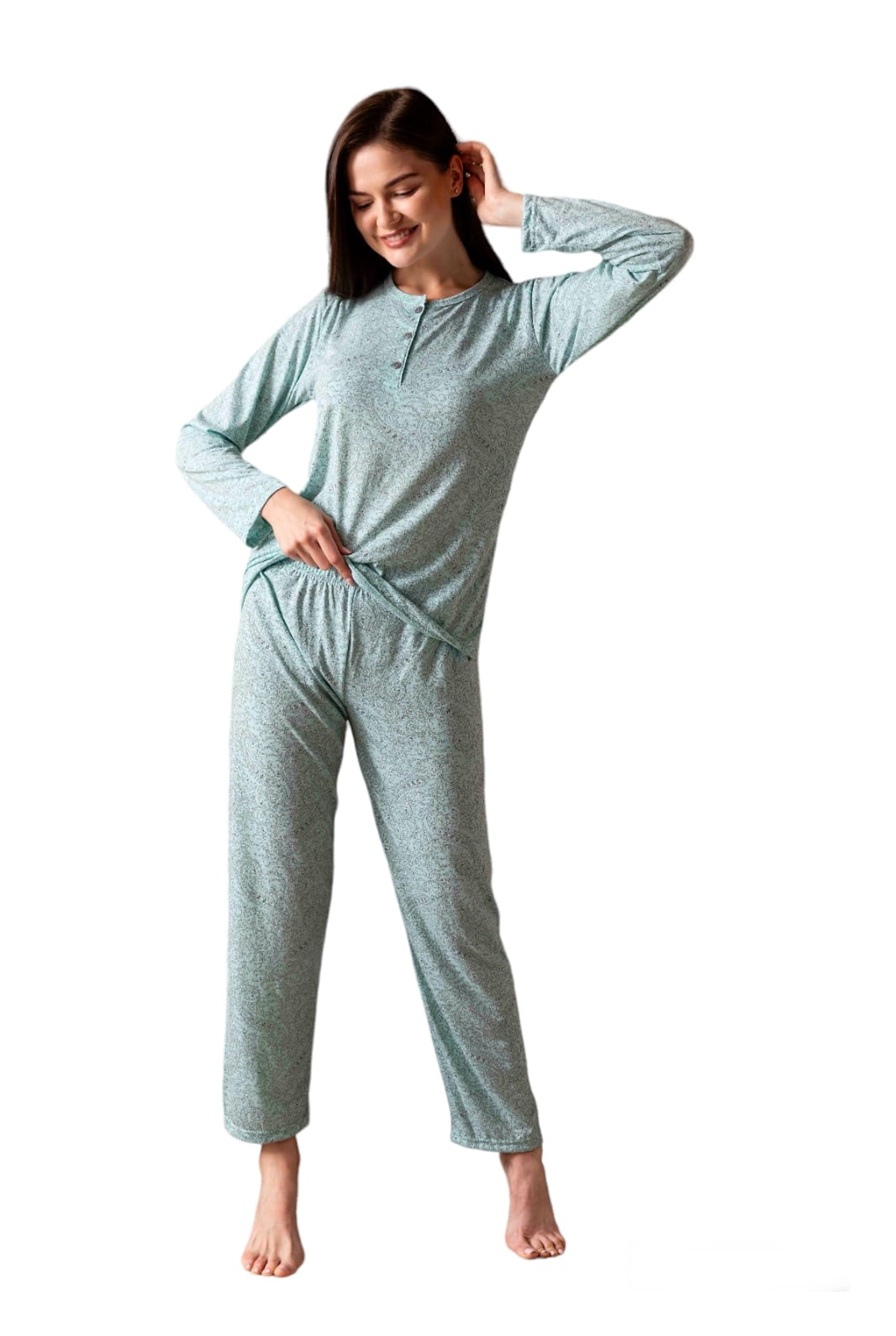 Pijama dama din Bambus, maneca lunga pantaloni lungi, verde XL