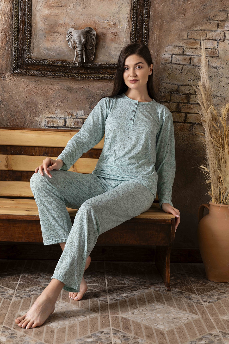 Pijama dama din Bambus, maneca lunga pantaloni lungi, verde XL