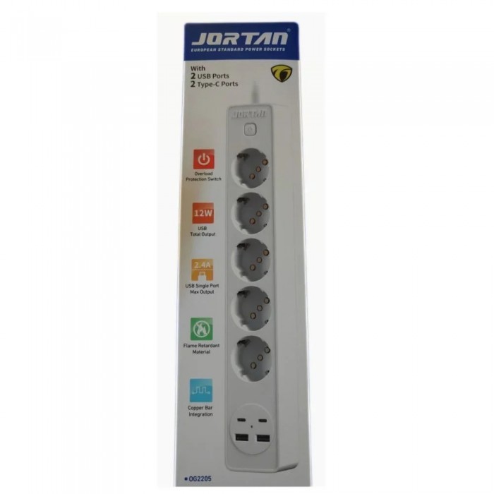 Prelungitor jortan cu 5 prize, 2 port-uri usb si 2 port-uri type-c, 2m lungime, buton on/off