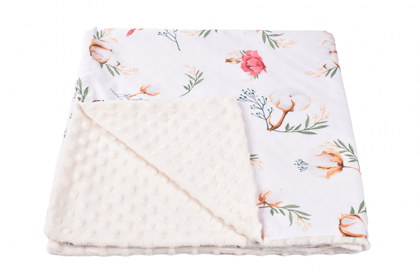Paturica model flori de bumbac si plus minky crem 80x80 cm