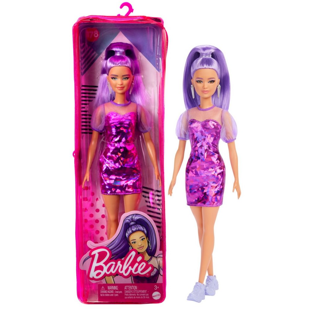 Papusa barbie fashionista cu par mov cu rochie cu umeri bufanti