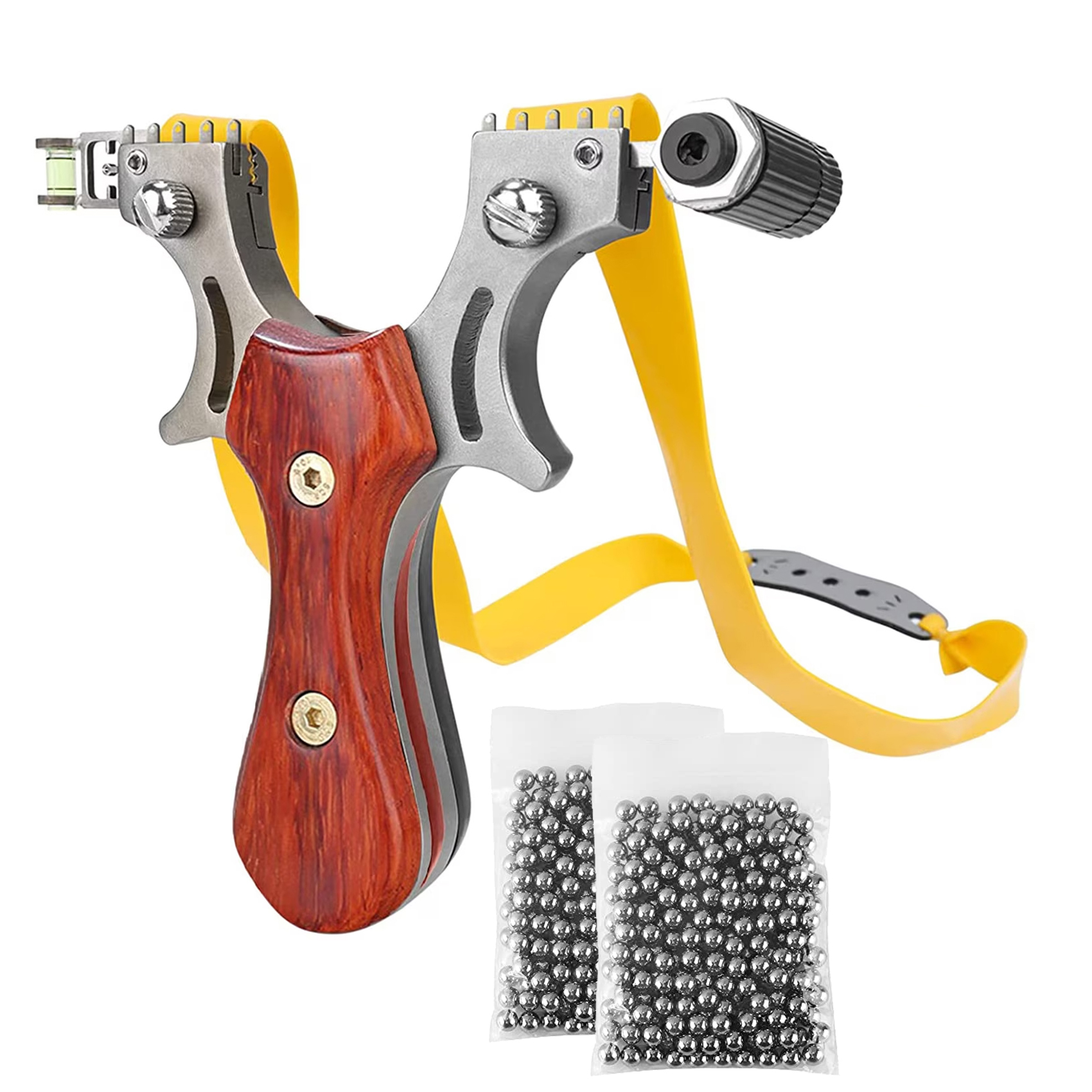 Set prastie cu laser ideallstore®, sling queen, metalic, 11.5 cm, cu boloboc, maner lemn, maro si 220 bile