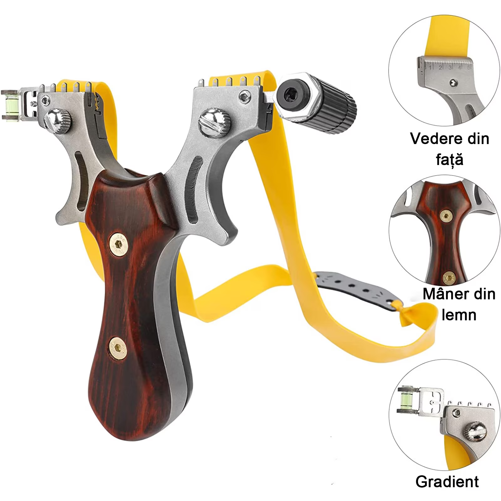 Set prastie cu laser ideallstore®, sling queen, metalic, 11.5 cm, cu boloboc, maner lemn, maro si 220 bile