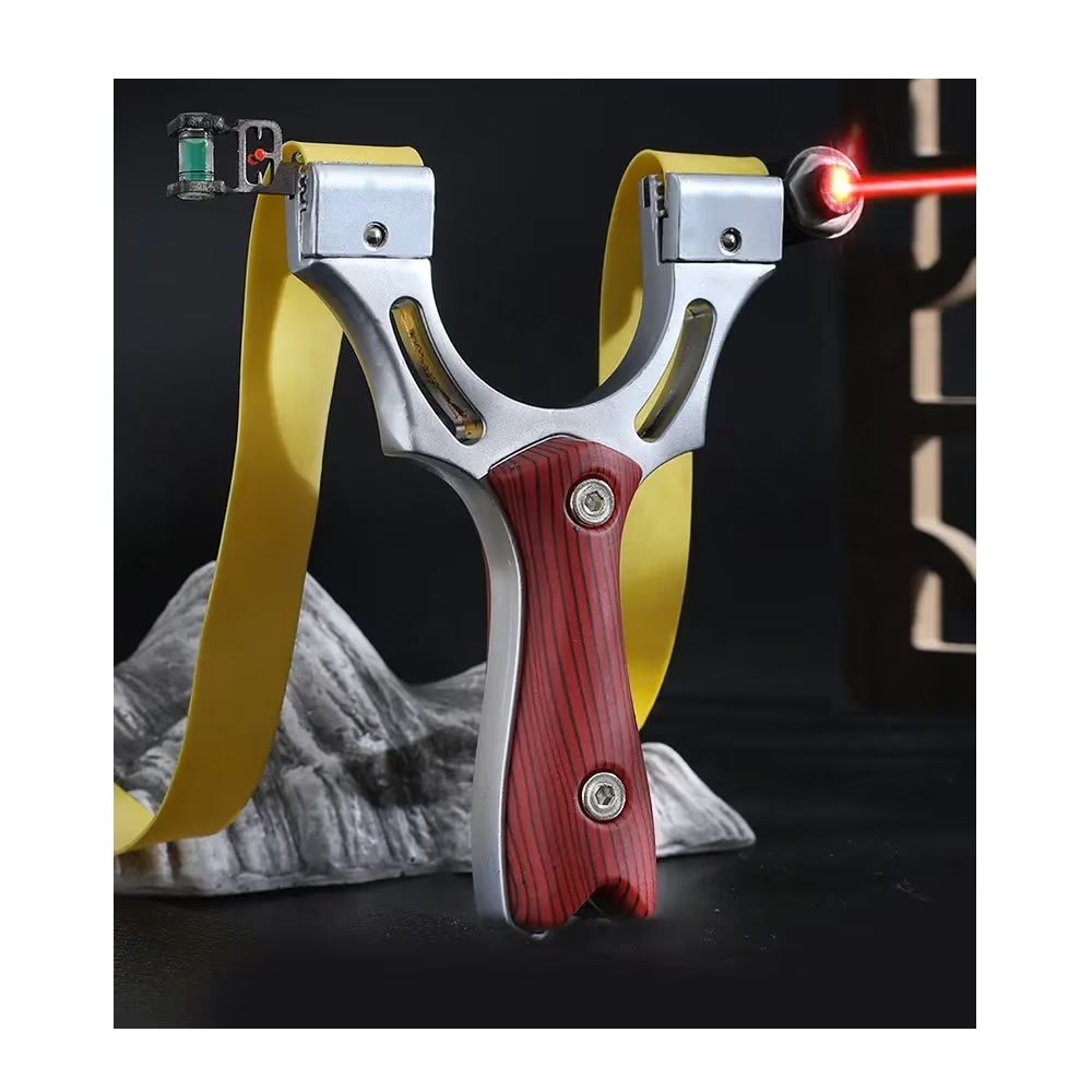 Set prastie cu laser ideallstore®, sling queen, metalic, 11.5 cm, cu boloboc, maner lemn, maro si 220 bile