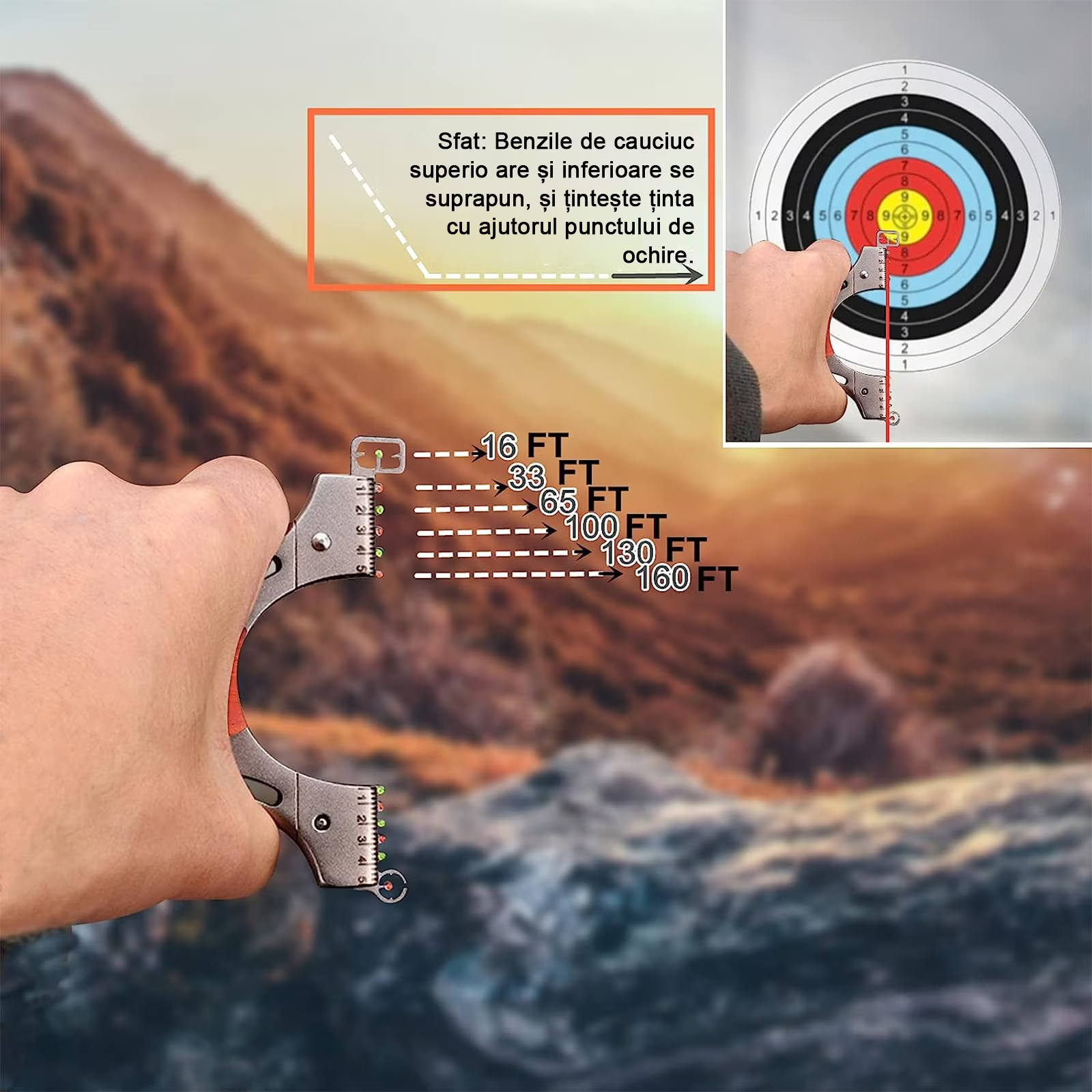 Set prastie cu laser ideallstore®, sling queen, metalic, 11.5 cm, cu boloboc, maner lemn, maro si 220 bile