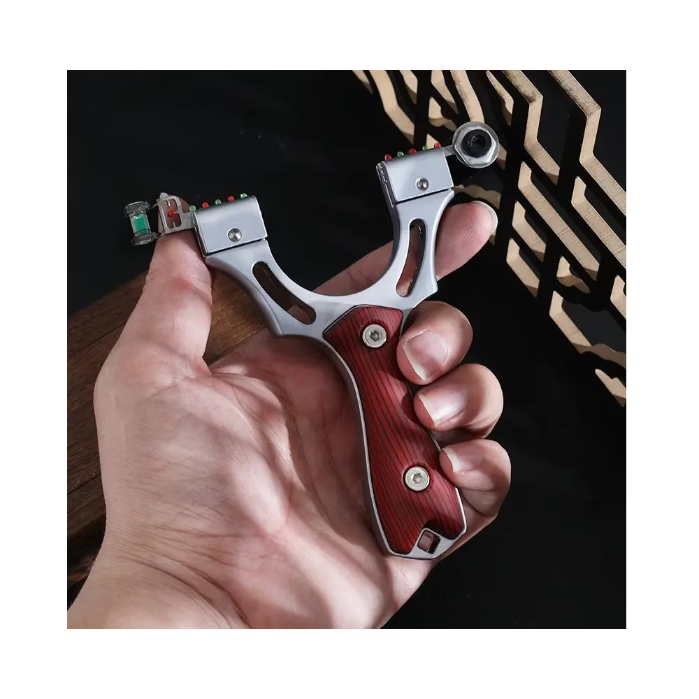 Set prastie cu laser ideallstore®, sling queen, metalic, 11.5 cm, cu boloboc, maner lemn, maro si 220 bile