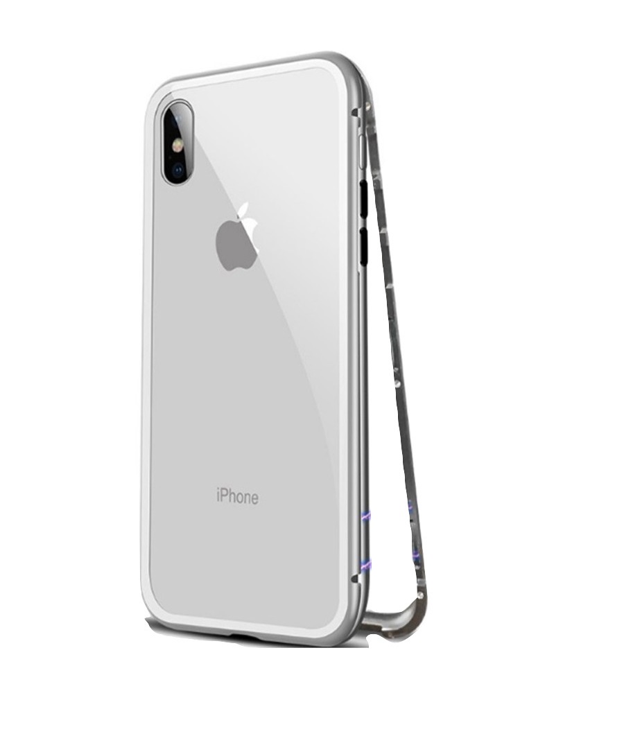 Husa cu bumper din aluminiu cu prindere magnetica si spate din sticla temperata securizata pentru iphone x silver