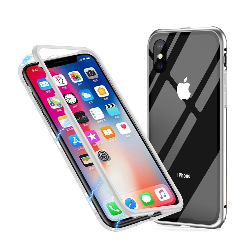 Husa cu bumper din aluminiu cu prindere magnetica si spate din sticla temperata securizata pentru iphone x silver