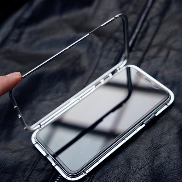 Husa cu bumper din aluminiu cu prindere magnetica si spate din sticla temperata securizata pentru iphone x silver