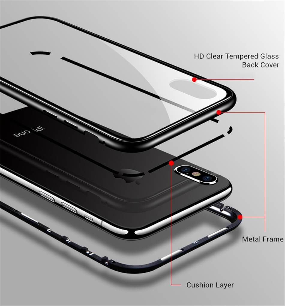Husa cu bumper din aluminiu cu prindere magnetica si spate din sticla temperata securizata pentru iphone x silver
