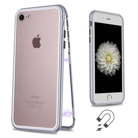 Husa compatibila cu apple pentru iphone 8 magnetica 360 grade silver, mystyle perfect fit cu spate de sticla securizata premium + folie de sticla gratis