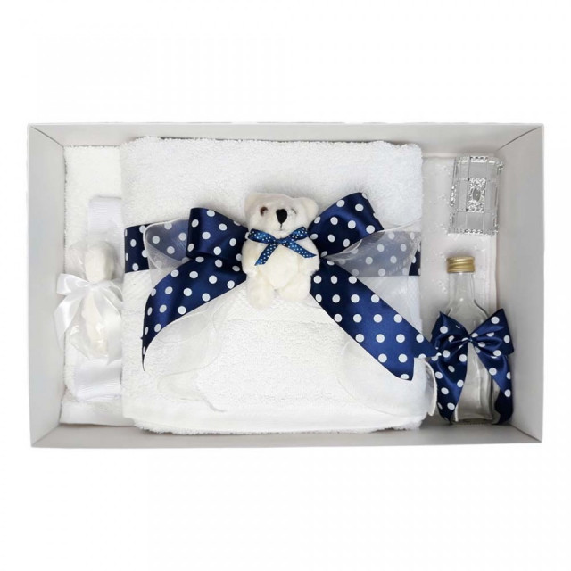 Set trusou botez, cutie trusou si lumanare, ursulet, fundita bleumarin,