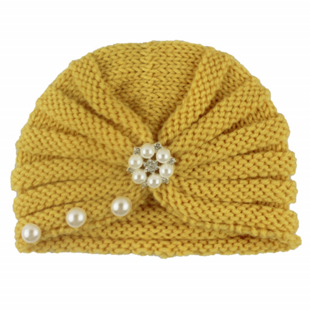Caciulita crosetata tip turban cu perlute si strasuri (marime disponibila: 6-9