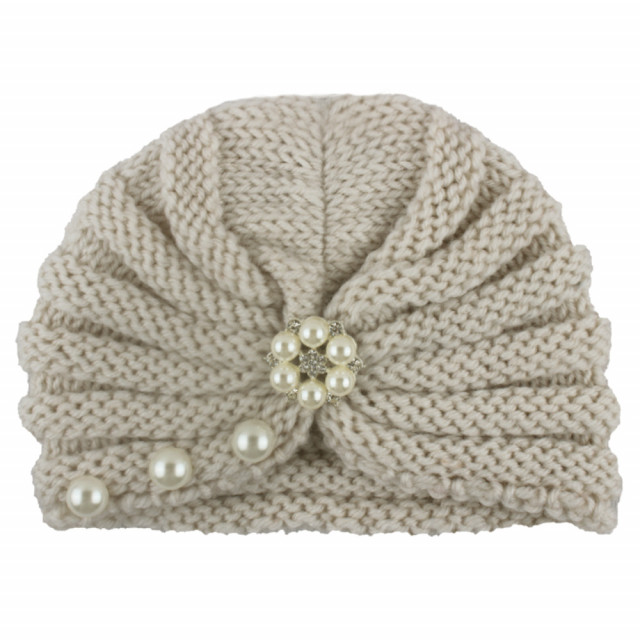 Caciulita crosetata tip turban cu perlute si strasuri (marime disponibila: 6-9