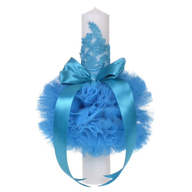 Lumanare botez eleganta cu tul, dantela si fundita, decor turcoaz, denikos® 710