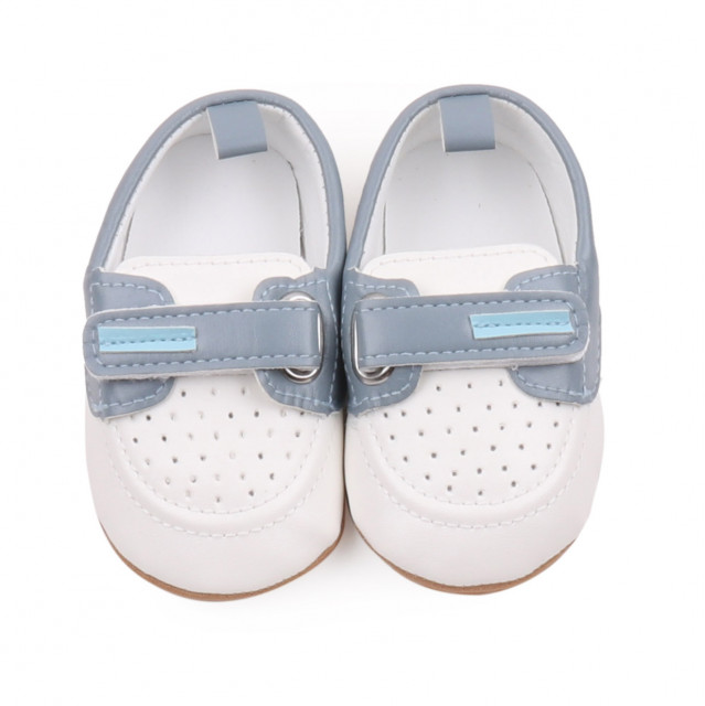 Pantofiori albi cu bleu de ocazie pentru baietei (marime disponibila: 3-6 luni