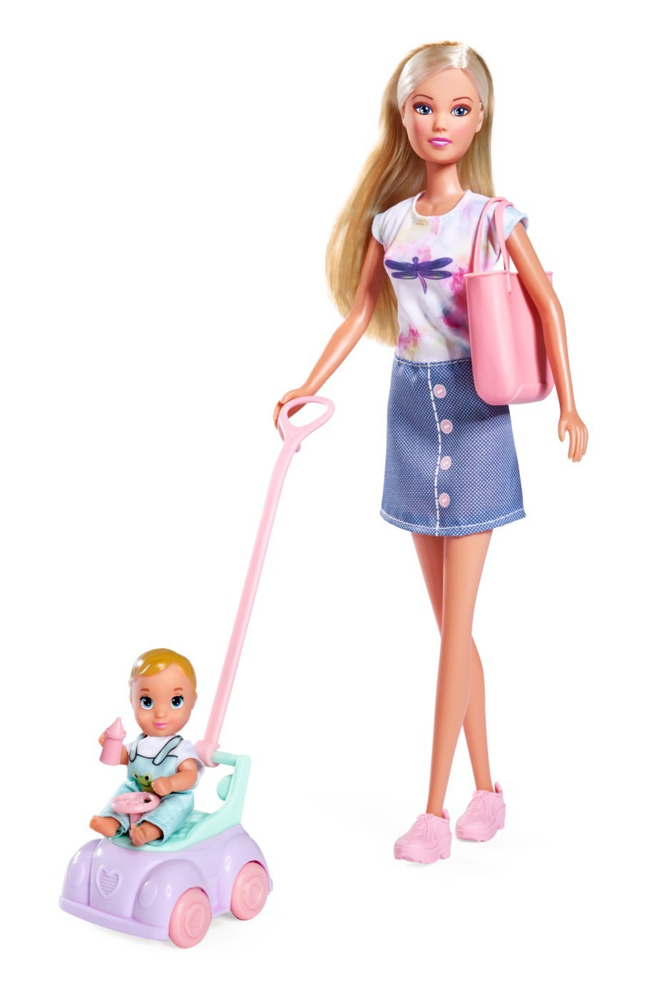 Papusa steffi cu bebelus, masinuta premergator si accesorii