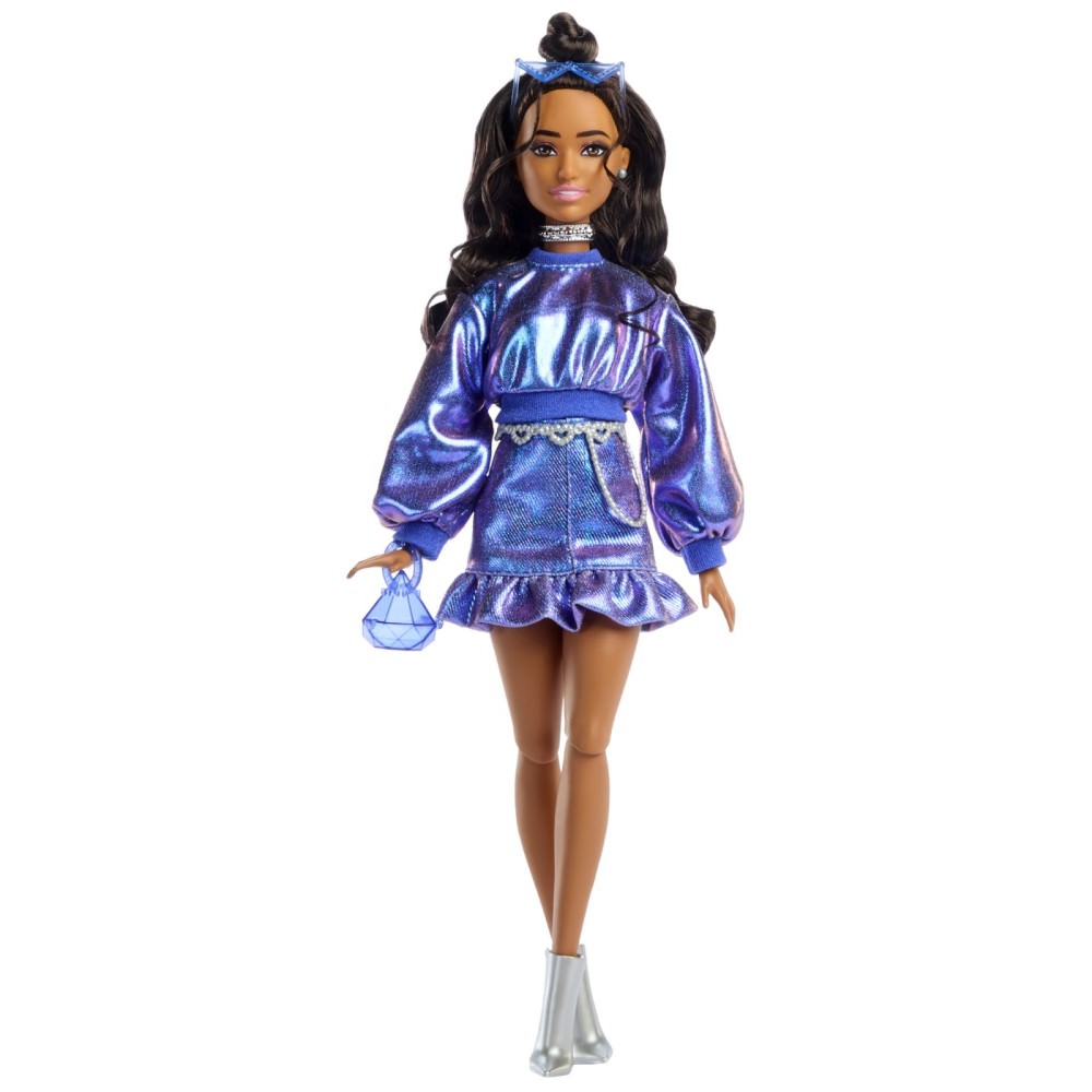 Papusa barbie deluxe style cu rochie albastru metalizat