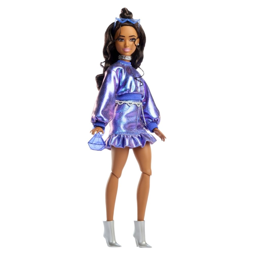Papusa barbie deluxe style cu rochie albastru metalizat