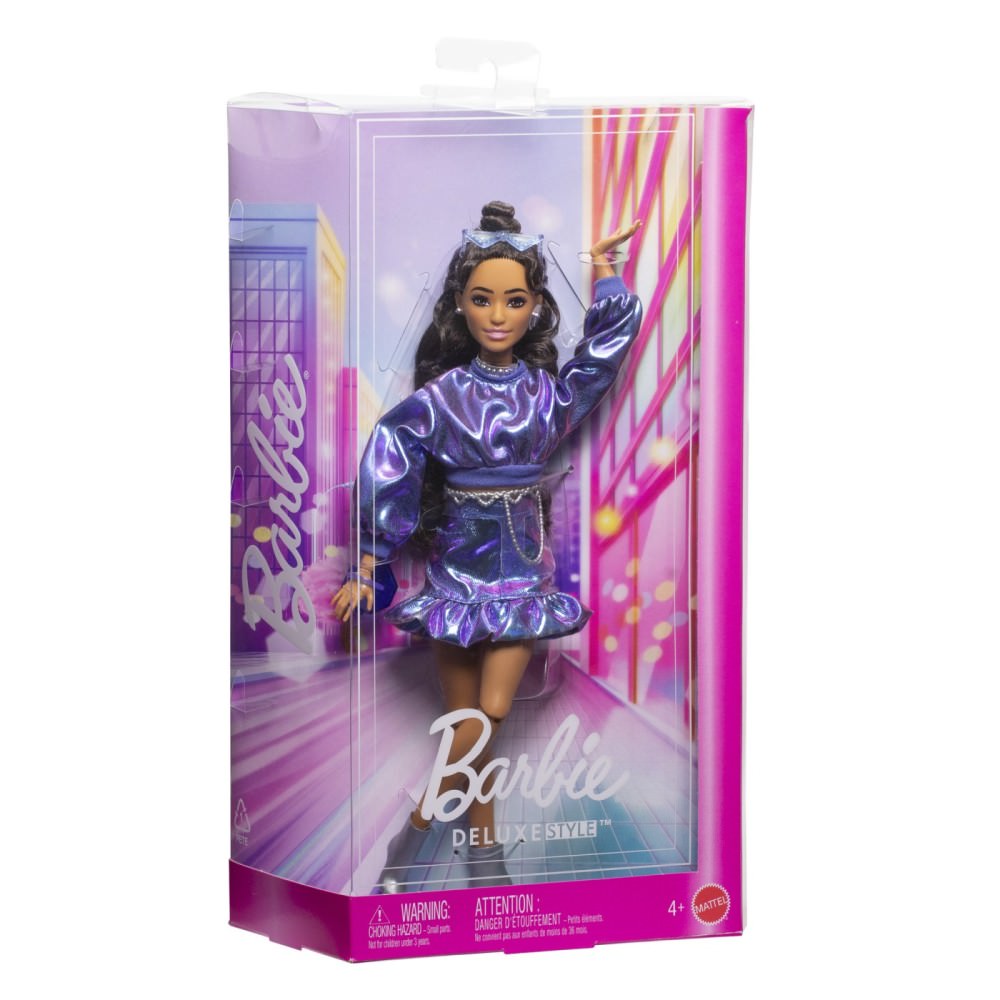 Papusa barbie deluxe style cu rochie albastru metalizat