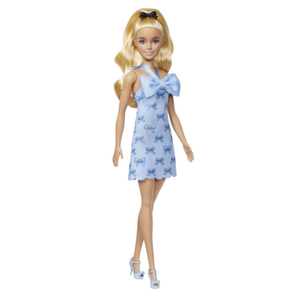 Papusa barbie fashionistas blonda cu rochie albastra cu fundite