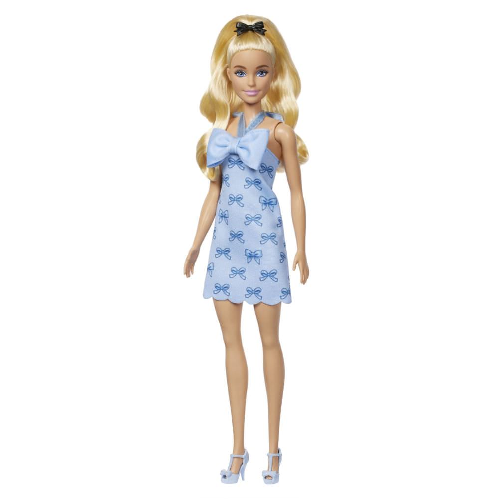 Papusa barbie fashionistas blonda cu rochie albastra cu fundite