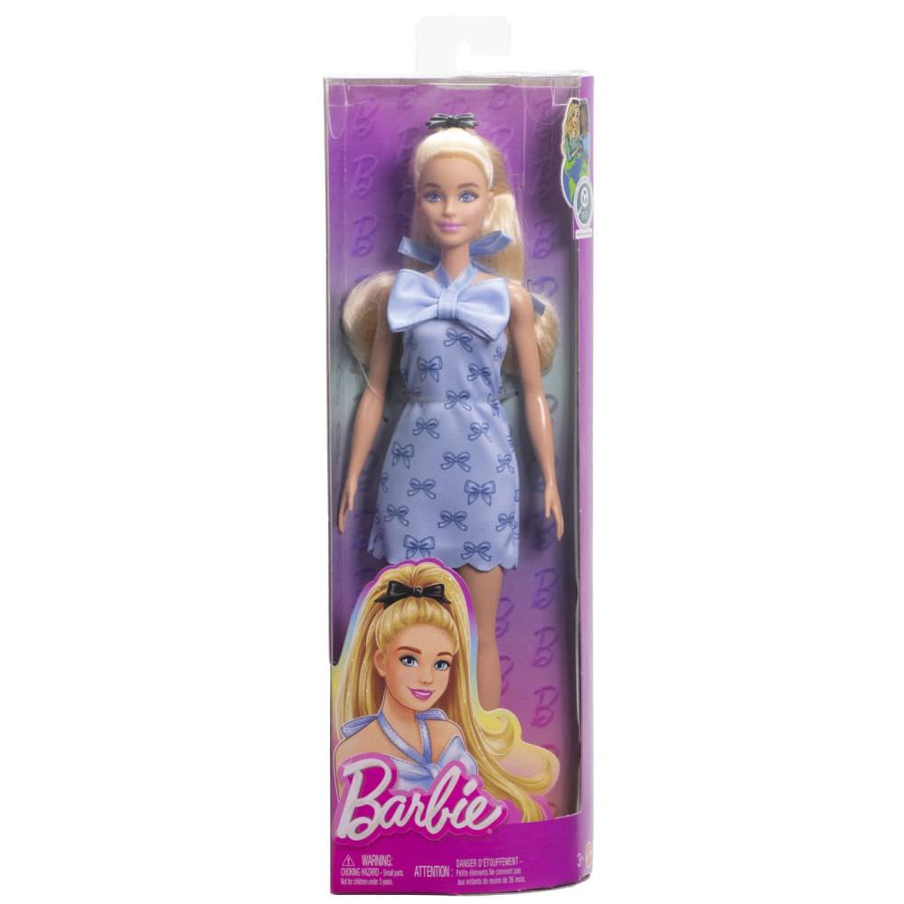 Papusa barbie fashionistas blonda cu rochie albastra cu fundite