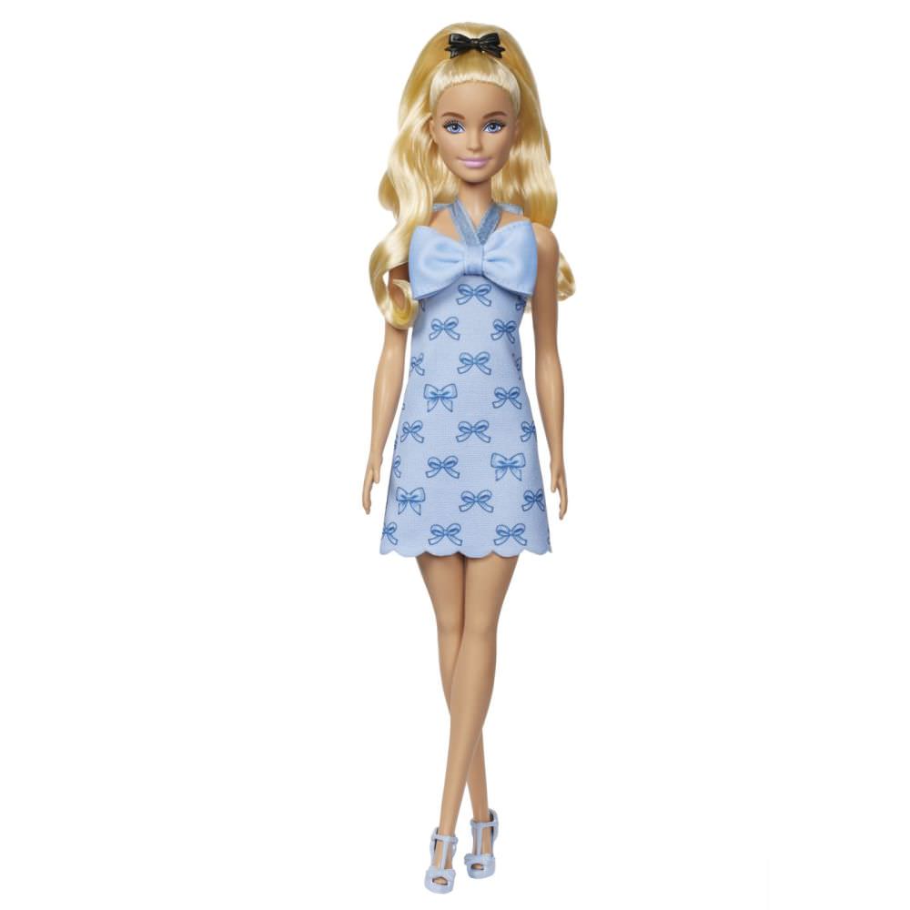 Papusa barbie fashionistas blonda cu rochie albastra cu fundite