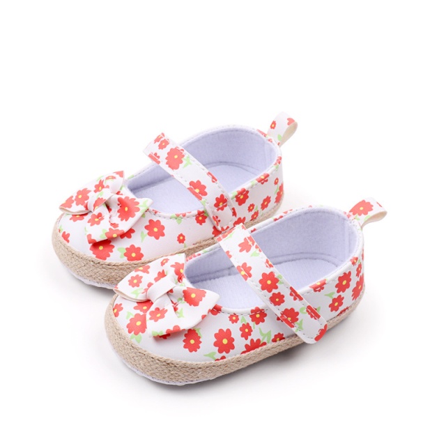 Pantofiori bebelusi cu model floral portocaliu si fundita (marime disponibila: