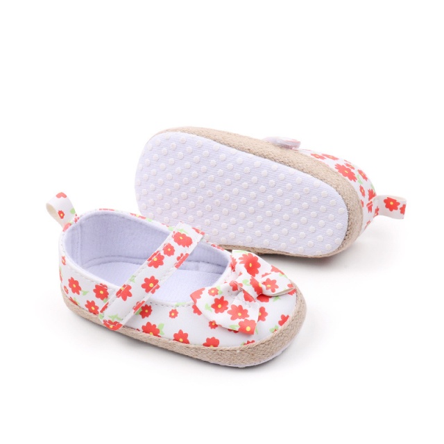 Pantofiori bebelusi cu model floral portocaliu si fundita (marime disponibila: