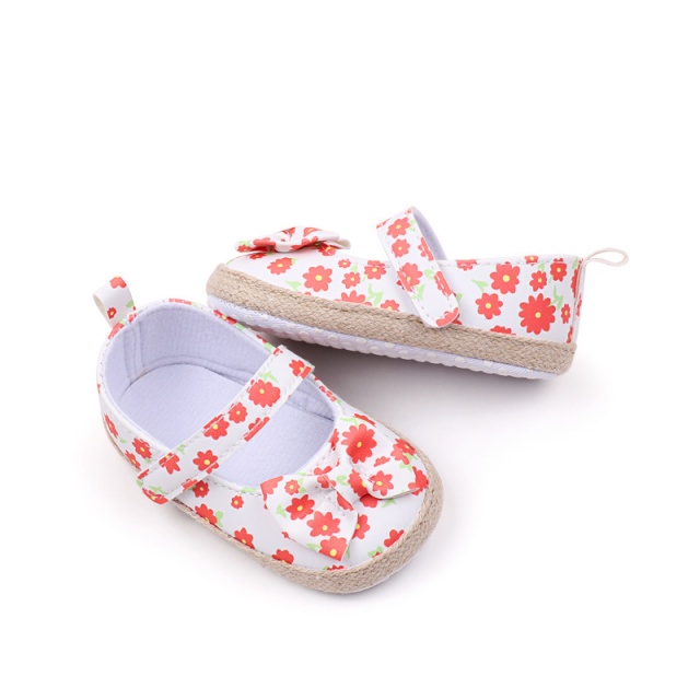 Pantofiori bebelusi cu model floral portocaliu si fundita (marime disponibila:
