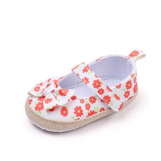 Pantofiori bebelusi cu model floral portocaliu si fundita (marime disponibila: